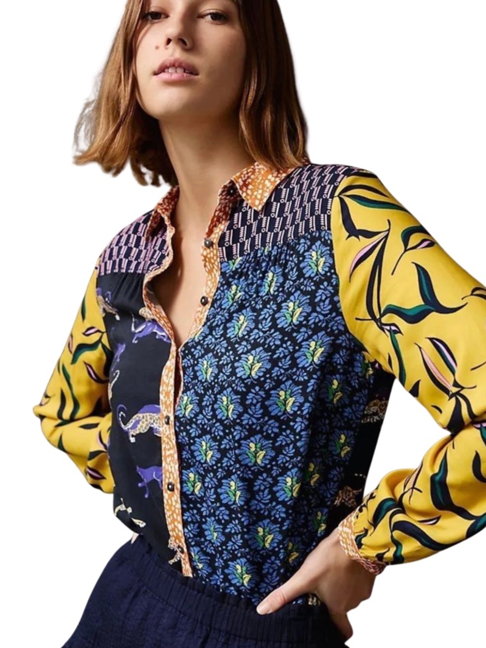 Maeve Anthropologie Paz Alida Mixed Print Button Down Blouse Leopard Mustard L